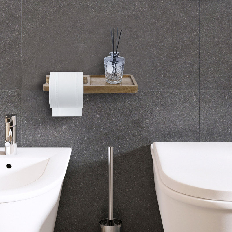 Acacia Wall Mounted Toilet Roll Holder with Shelf