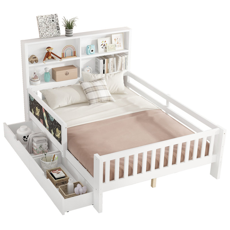 Lit plateforme double avec tableau noir, structure en bois massif, tiroirs et tablettes de rangement - blanc, amusant et peu encombrant