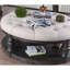 Table basse ronde en bois de style rustique avec pieds gris tournés et tablette ouverte