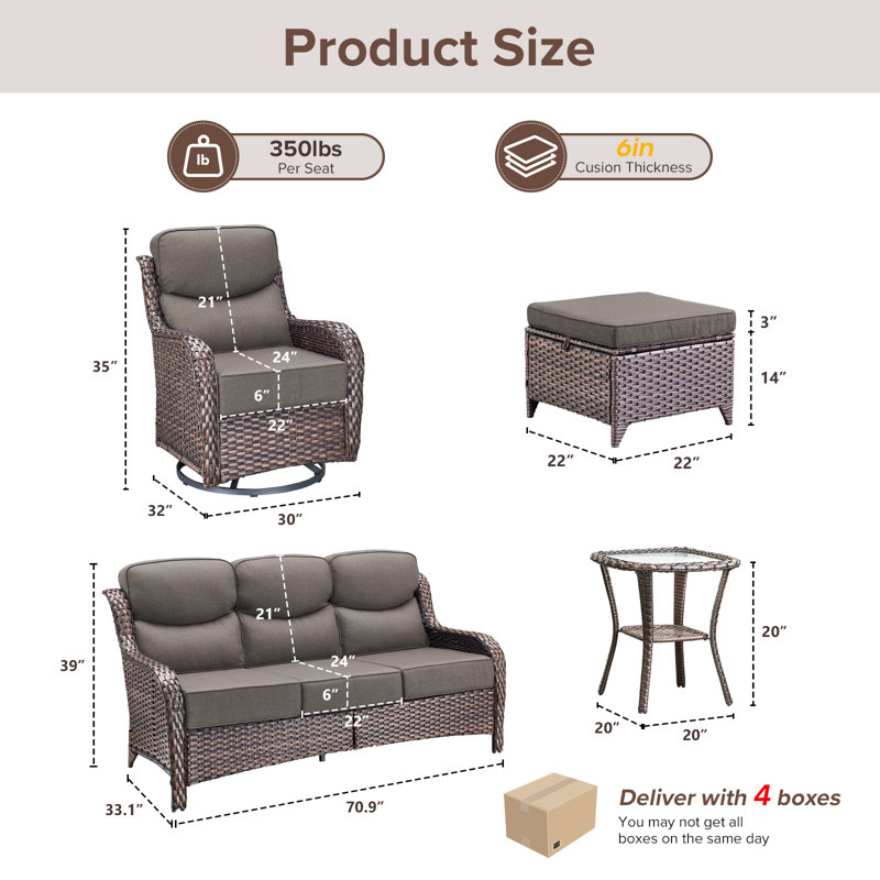 Ensemble de conversation extérieur en résine tressée 9 pièces avec coussins de 15 cm et poufs, Gris, Brun