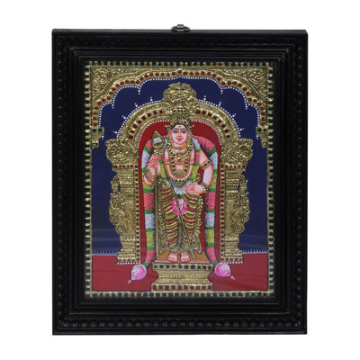 Lord debout Karttikeya (Murugan) Tanjore | Couleurs traditionnelles avec or 24 carats | Structure en bois de teck