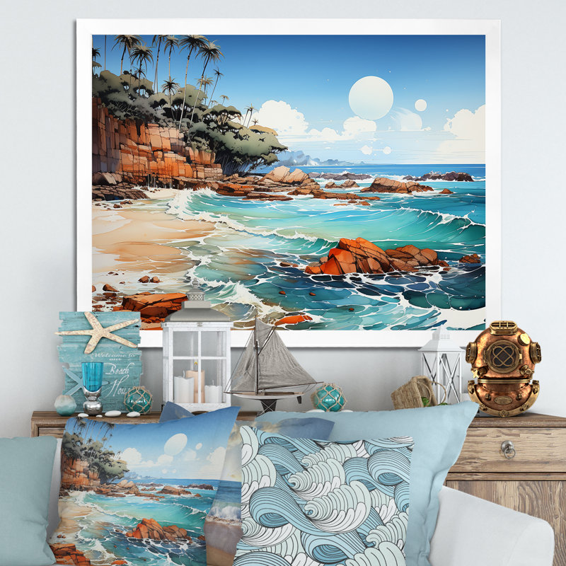«Blue Beach Waves Fusion I», reproduction, Cadre simple blanc, H 16 po x l 32 po x P 1 po