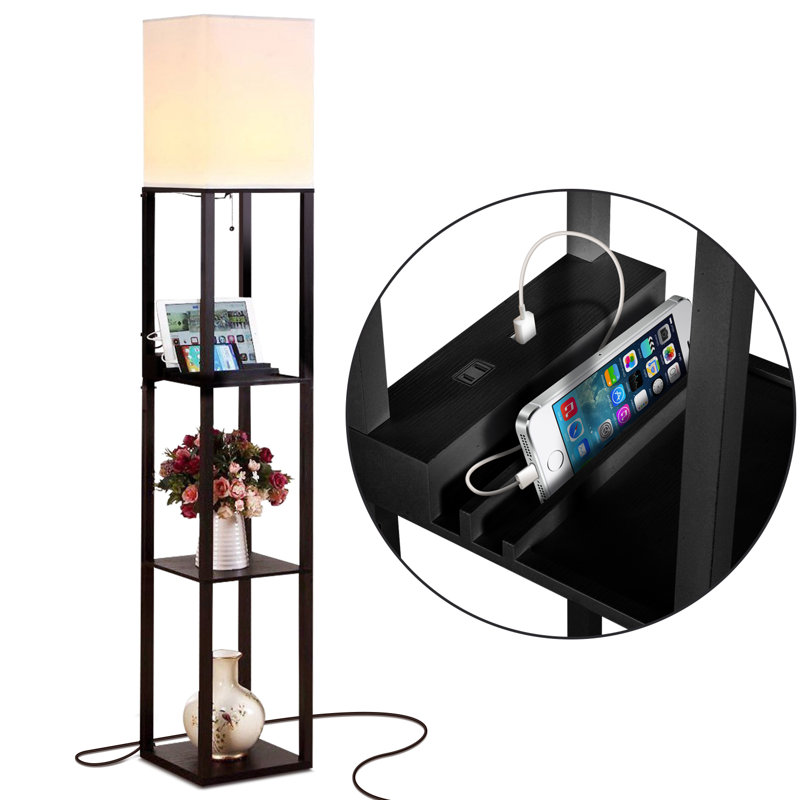 Maxwell 63 in. 3-Shelf USB-Charging LED Floor Lamp with Fabric Square Shade, Black, Beige