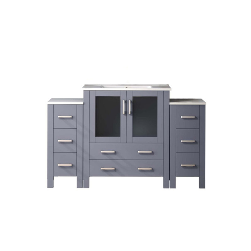 Gris foncé 54 po Meuble-lavabo simple avec armoires latérales W, comptoir en céramique blanche, structure en bois massif, mécanisme de tiroir à fermeture en douceur, 8 tiroirs et 1 armoire à des fins de rangement
