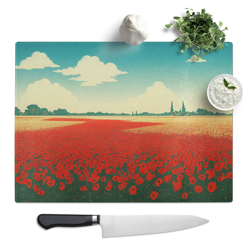 Sacred Poppy Field Flowers  Glass Chopping Board
