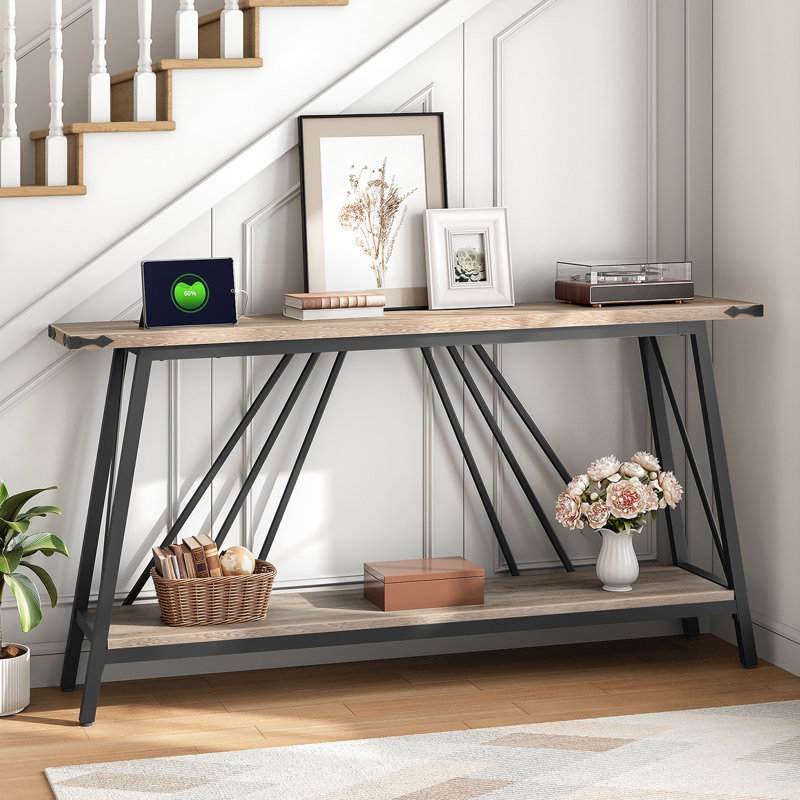 Durdham Narrow Console Table with Charging Station, 31.5" H x 70.9" W x 11.8" D, Gray