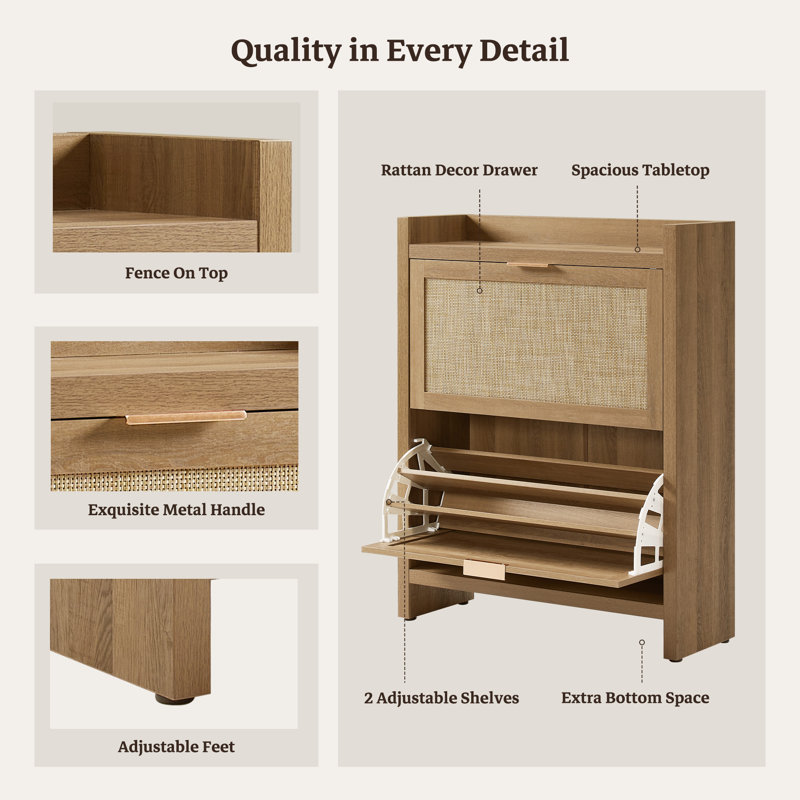 33'' Bohemian Rattan Large Capacity Shoe Storage Cabinet, 5-Tier Shelves, Reclaimed Caramel Oak, 1
