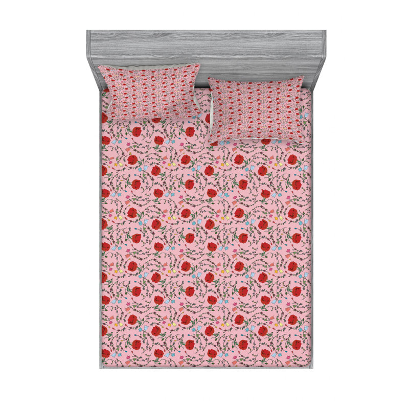 Microfiber Floral Sheet Set, Queen Sheet Set, Pink/Red Floral