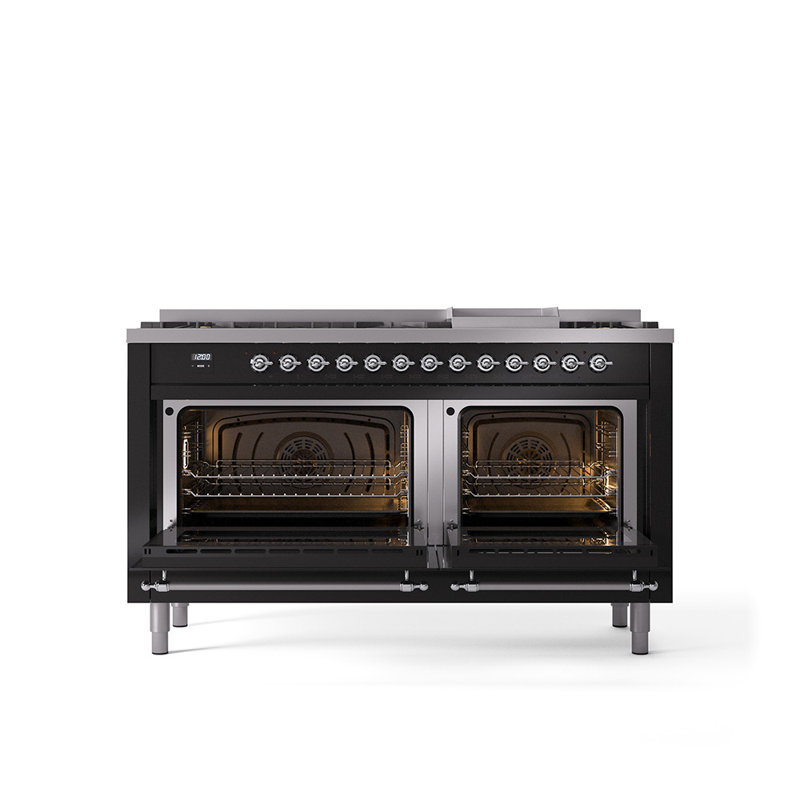ILVE Nostalgie II 60 Dual Fuel Range, 9 Burners, Griddle, Liquid Propane, Glossy Black/Chrome