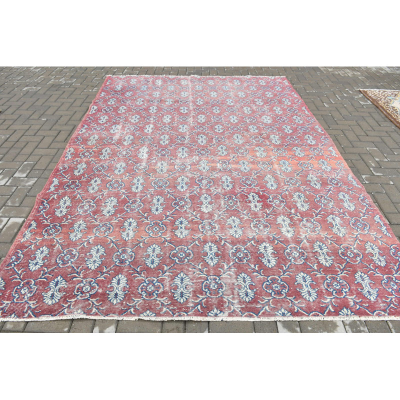 Tapis turc vintage tissé à la main avec un motif floral rouge pour une grande décoration intérieure