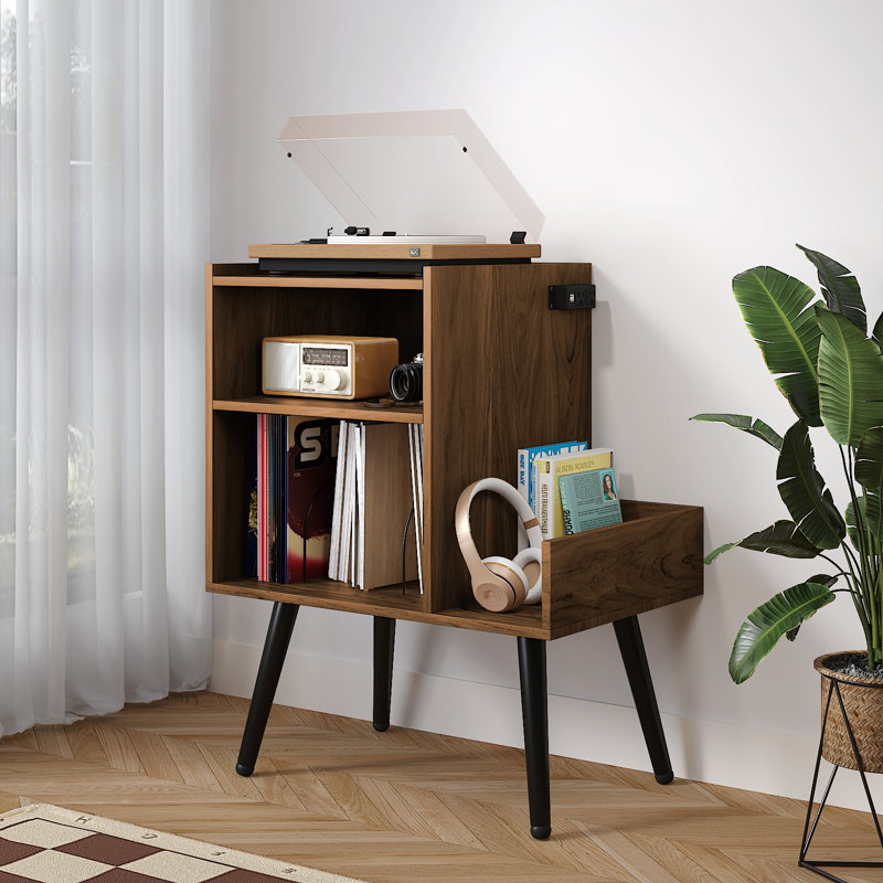 Dark Walnut Vinyl Record Storage Stand With Audio Shelf And Built-In Power Outlet For Living Room, Rustic Walnut 
