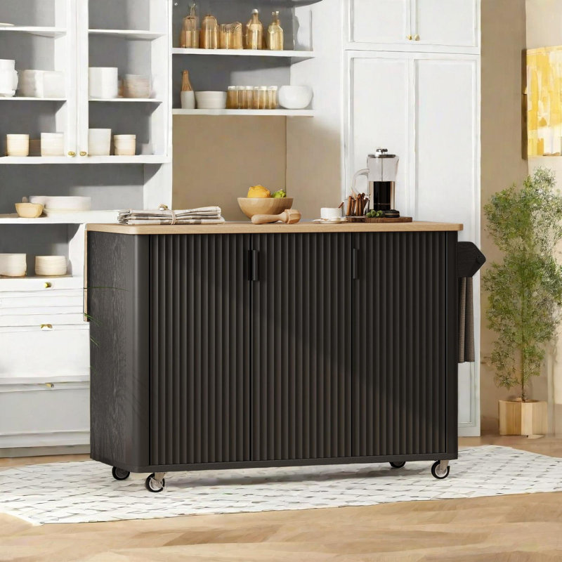 Fluted Kitchen Island with Drop Leaf, Black