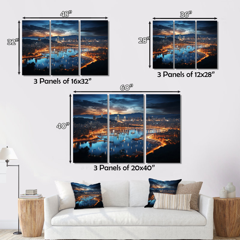 «Barcelona Beautiful Cityscape I», reproduction sur toile 3 pièces, H 28 po x l 36 po x P 1 po