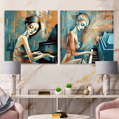 Pianiste classique I - femme, ensemble d'art mural abstrait en verre sur verre