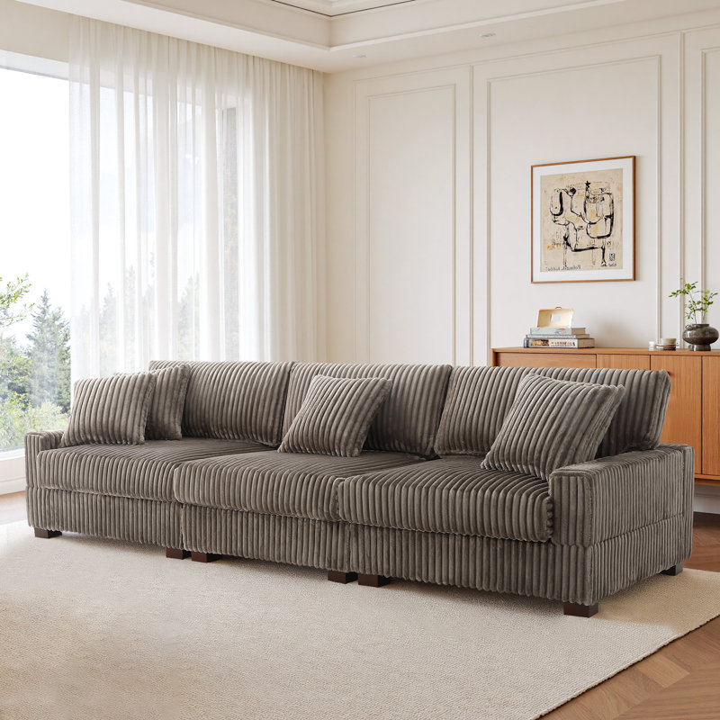 3 - Piece Upholstered Light Brown Faux Rabbit Fur Flannel Modular Sectional Sofa with Armrests & Throw Pillows, Light Brown