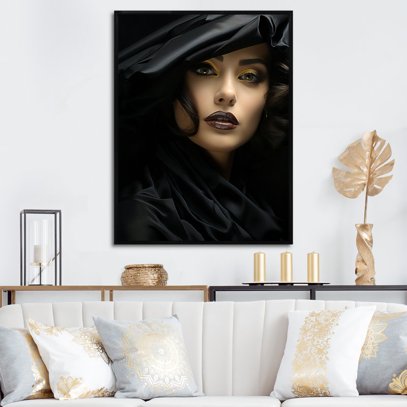 Portrait de femme rétro rétro glamour sur toile, H 44 po x l 34 po, Cadre flottant noir