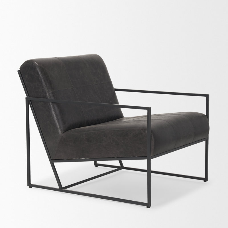 Rayniya Upholstered Aged Genuine Leather Armchair, Black/Black