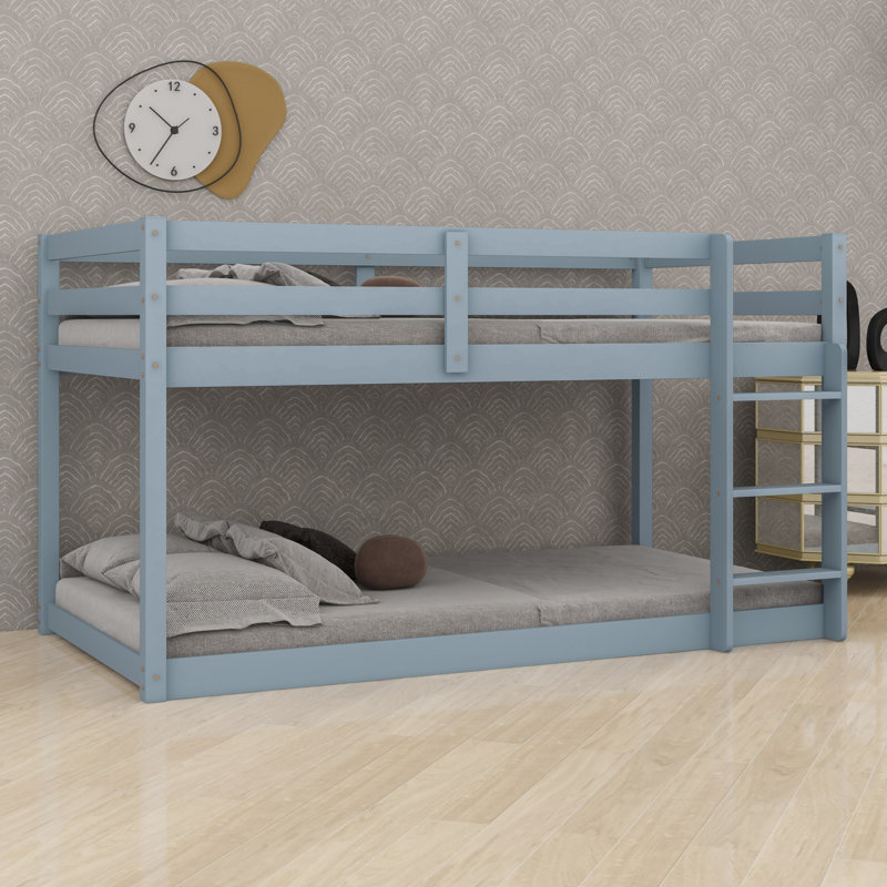 Floor Bunk Bed, Ladder Included and Bed Platform with Strengthened Slats, Grey