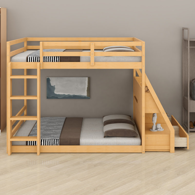 Bunk Bed with APP-Controlled 7-Color LED Lights, USB Ports, Shelves and 2  Drawers, Natural