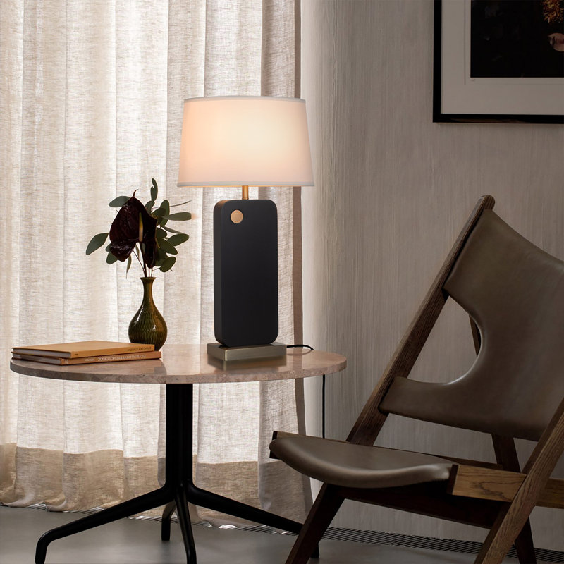 Laurel Premium Solid Wood Table Lamp, White Linen Shade, Weathered Brass Accents, Touch Dimmer, Mid-Century Modern Design