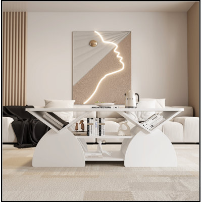 Table basse moderne en bois d'ingénierie avec coins arrondis, étagères ouvertes et structure robuste pour un montage facile et un rangement optimal dans le salon