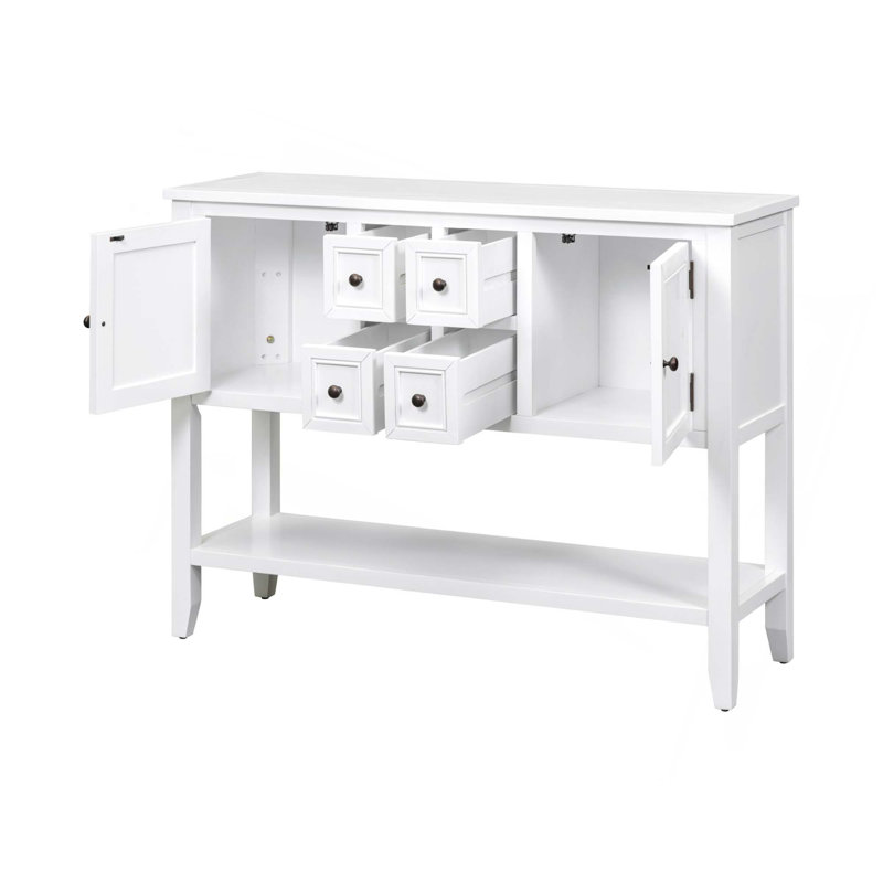 Ample console de rangement rétro avec quatre petits tiroirs et une tablette inférieure pour les salons, les entrées et les cuisines
