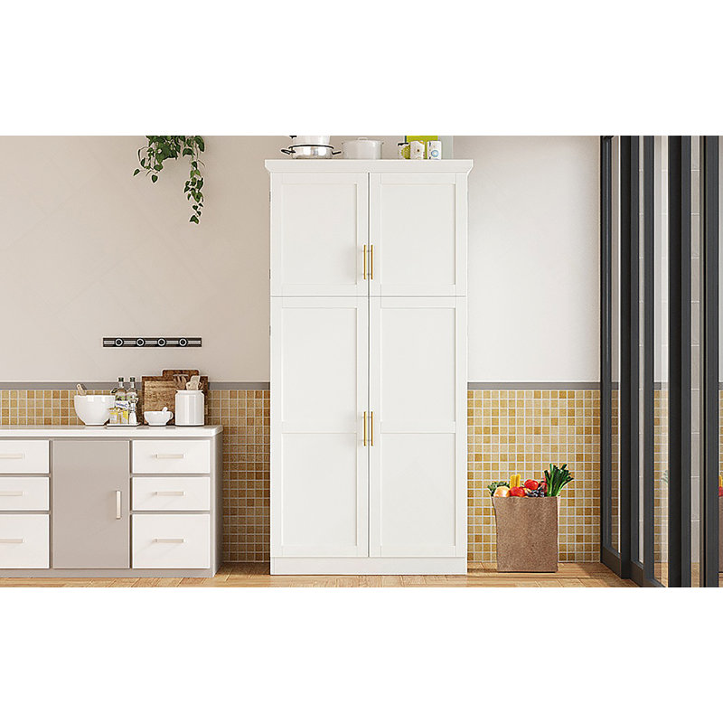 Armoire de cuisine autoportante 35,5 x 17,6 x 70,9 pouces, armoire de rangement haute avec 4 portes, 2 tablettes de porte, 8 plateaux coulissants et tablette réglable pour la salle à manger, blanc