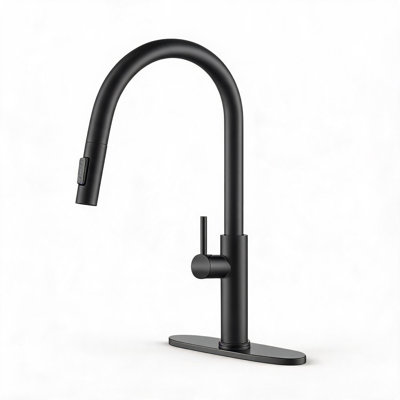 Robinet de cuisine en acier inoxydable noir mat avec douchette rétractable et buse pivotante à grande arche