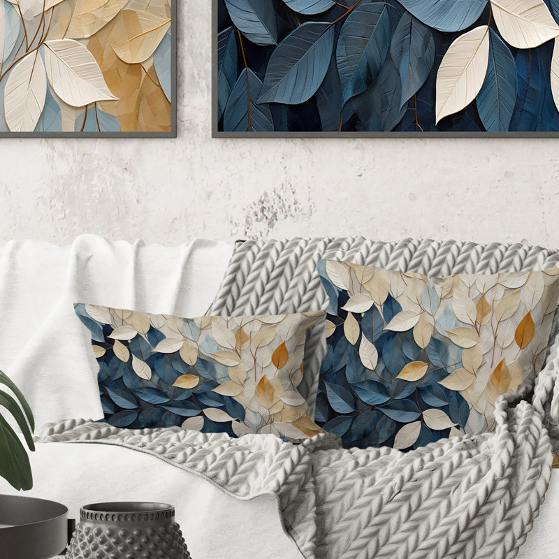 Coussin décoratif beige et bleu minimalisme Leaves Collage, 18" x 18"