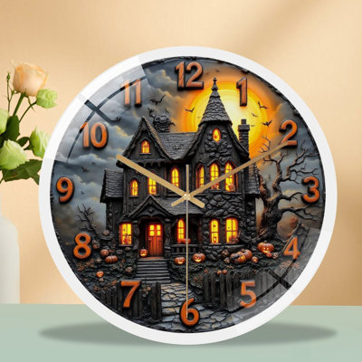 Halloween Haunted House Clock Art - 12'' Modern Glass Wall Clock