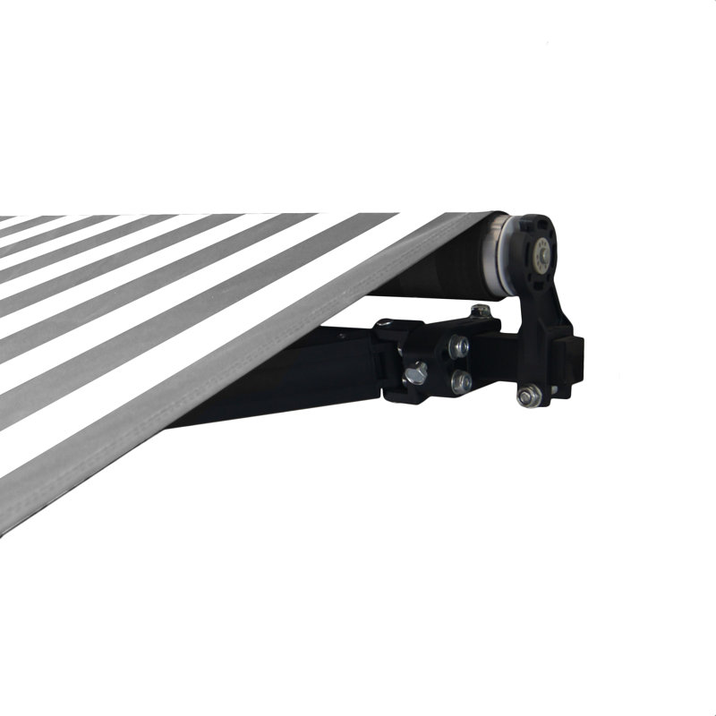 Motorized Retractable Patio Awning- Black Frame, Gray / White, 13' W x 10' D, Striped