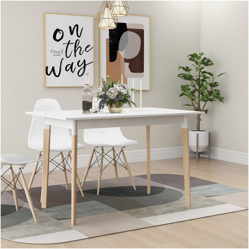 Table de salle à manger moderne 47 pouces avec plateau rectangulaire en bois massif blanc
