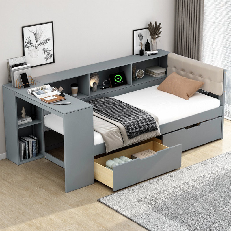 Lit plateforme simple avec rangement, station de charge et tête de lit tapissier, Gris