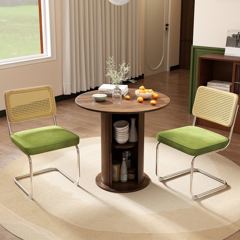3-piece Round Pedestal Tal Dining Set With Cane Back Cantilever Chairs, Brown, Green