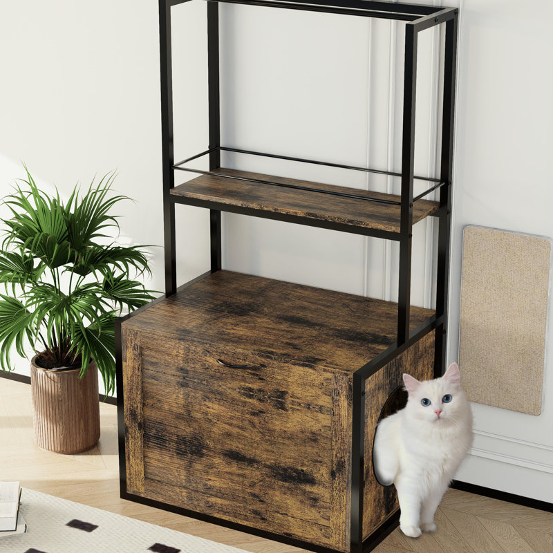 Enceinte de litière pour chat 55 po brun rustique avec tablettes de rangement fonctionnelles