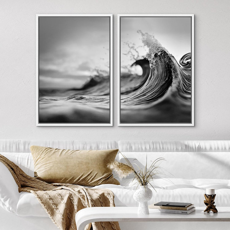 «Faded Green and Gray Wave Landscape Abstract Shapes», 2 pièces sur toile, Cadre blanc, H 36 po x l 24 po