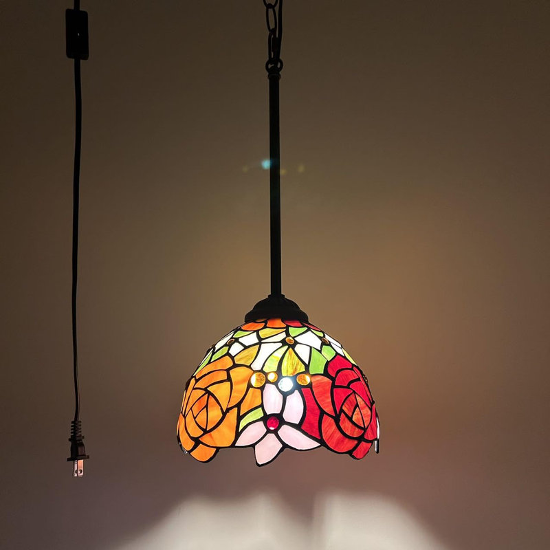 Mini ampoule à DEL Tiffany avec lumières suspendues en verre coloré et fleurs roses l 8 po x P 8 po x H 60 po, Orange/rouge