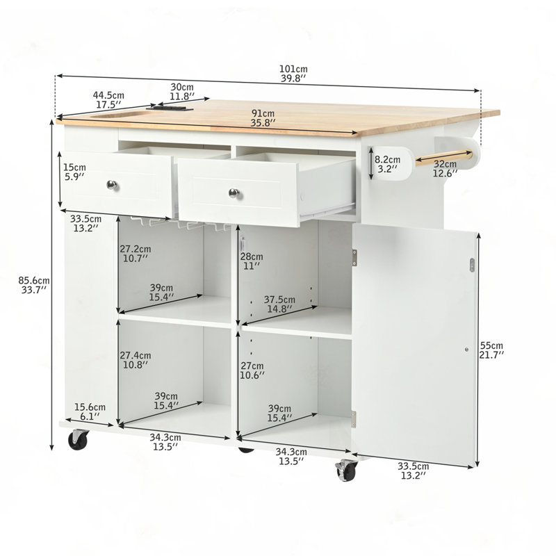 Kitchen Island with Power Outlet, White
