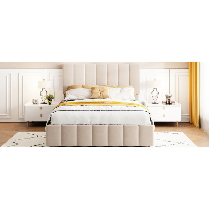 Élégant lit plateforme tapissier beige avec système de rangement hydraulique - sensation de luxe