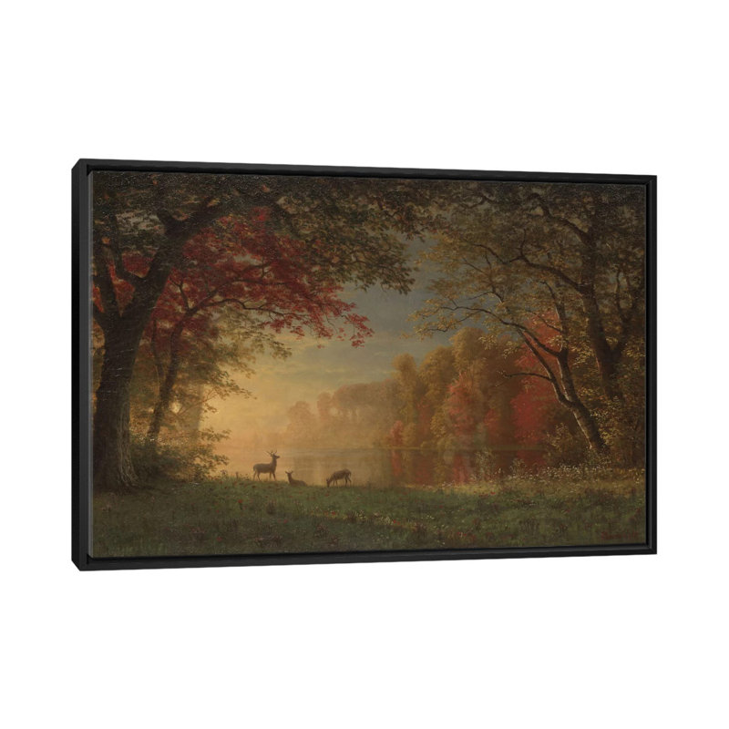 «Indian Sunset: Deer by a Lake., C.1880-90», reproduction sur toile, H 18 po x l 26 po x P 1,5 po, Toile avec cadre noir