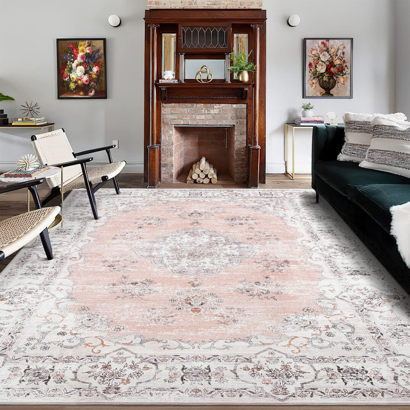Boho Luxurious Vintage Floral Printed Area Rug Living Room Washable Stain Resistant Durable Carpet Bedroom Erasable Non-Shedding Soft Floor Mat Bedside Rug Farmhouse Decor