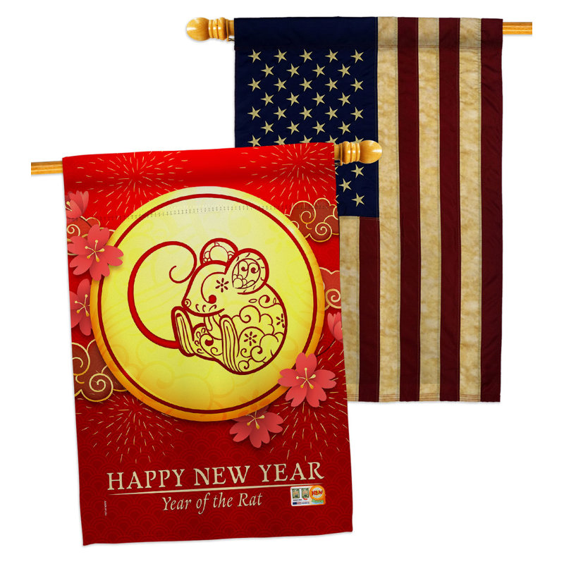 Drapeau de maison en polyester 3 côtés 3 pi x 2 pi 3 po Rat of Year