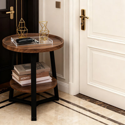 2-Tier Round End Table With Storage Shelf, Wooden Side Table For Living Room, Bedroom, Office, And Small Spaces, Stable Design With Waterproof Coating
