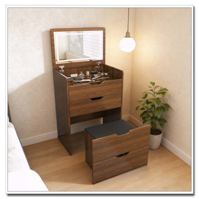 Bureau de coiffeuse 3-en-1 avec miroir éclairé, tabouret et rangement rabattable