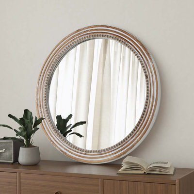 Miroir mural rond rustique, miroir circulaire en bois de 23,62 pouces avec perles, miroir de ferme décoratif pour salon, chambre à coucher, cuisine, entrée