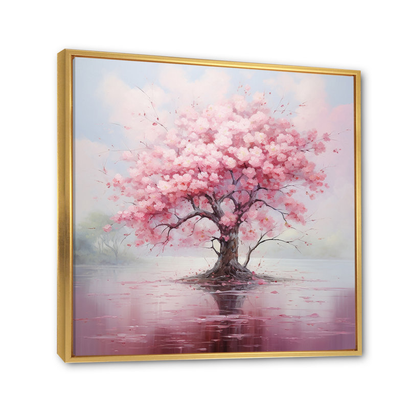 Impression romantique de fleur de cerisier rose III - fleur de cerisier, Cadre flottant doré, H 30 po x l 30 po x P 1 po