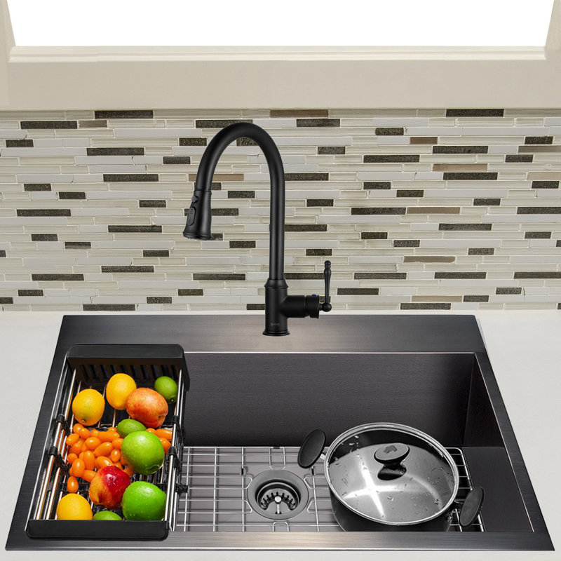 Ensemble d'évier de cuisine encastré à cuve simple en acier inoxydable noir encastré 1 trou 33 po x 22 po