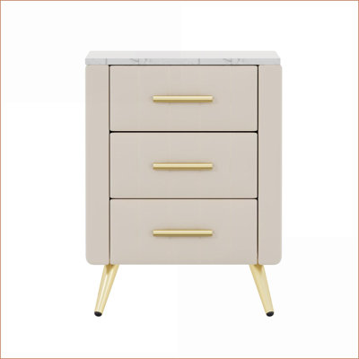 Beige Upholstered Nightstand with 3 Drawers &amp; Marbling Top