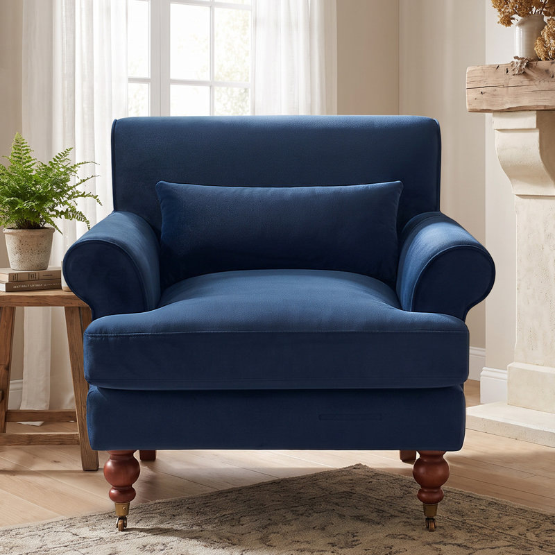 Fauteuil d'appoint à accoudoirs roulés 39,37 po avec siège profond surdimensionné, Velours bleu acier