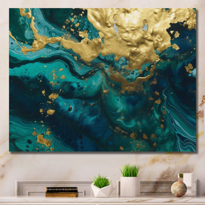 Sarcelle et or liquide Magic I - reproduction sur toile abstraite